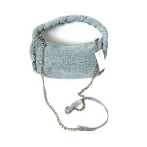 Denim Quilted Braided Chain Handle Zip Top Handbag Satchel Crossbody NEW